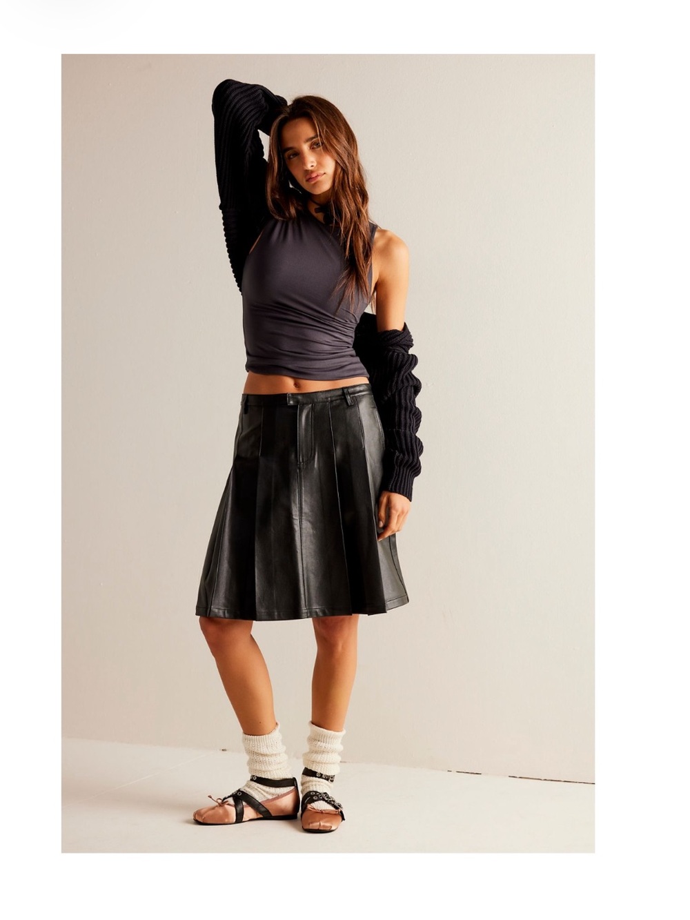 Free People Pleated Black Faux Leather A-Line Skirt 4 - Picture 2 of 5